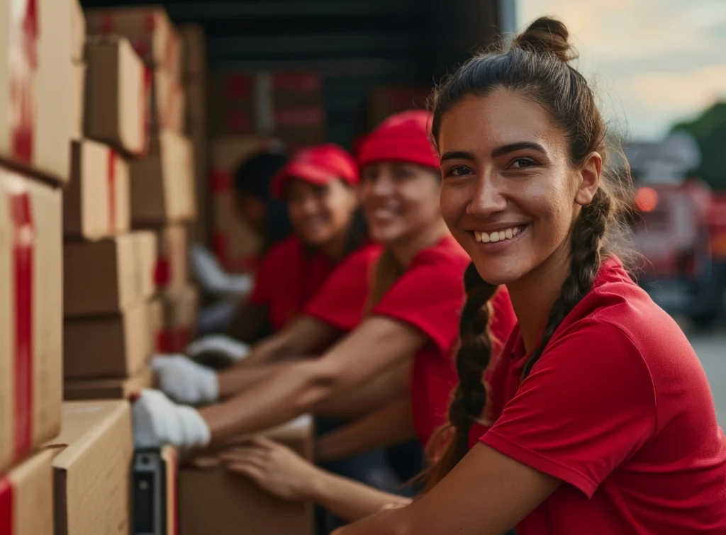 a teenage girl stacks boxes as she smiles doing volunteer work